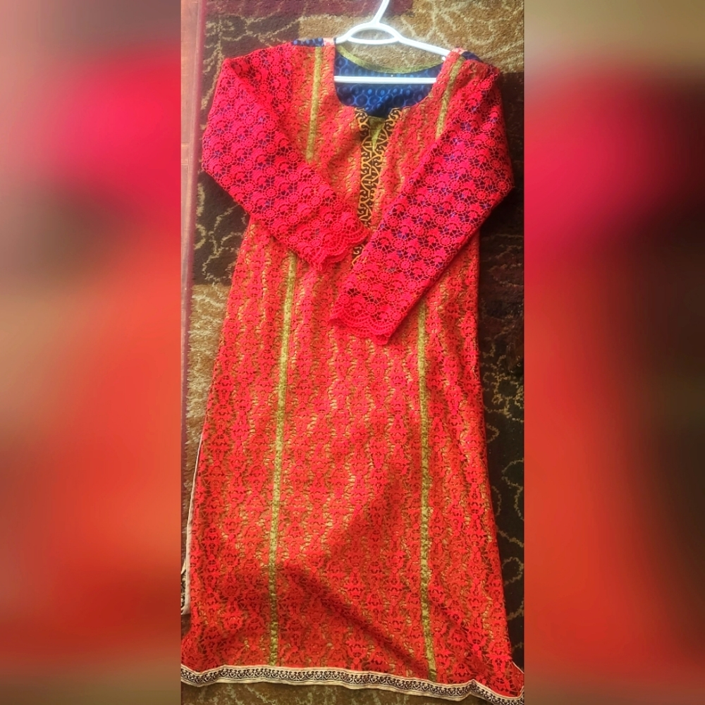 Beautiful Red and blue  net and cotton Kurta